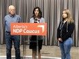 Outreach worker Wallis Kendal, left, NDP childrenís services critic Rakhi Pancholi, centre, and NorQuest student Shyannah Sinclair, right, on Monday, Nov. 4, 2019. Sinclair, 21, will lose benefits when she turns 22 from a government program for youth who have aged out of care. The government is lowering the cutoff age to 22 from 24 starting next April.