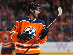 Edmonton Oilers' Jujhar Khaira (16) celebrates a goal on battles Dallas Stars' goaltender Ben Bishop (30) during the first period of a NHL hockey game at Rogers Place in Edmonton, on Saturday, Nov. 16, 2019. Photo by Ian Kucerak/IK Creative