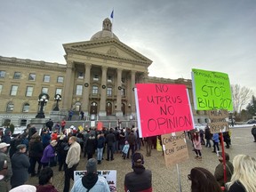 More than 200 people gathered to protest Bill 207, a private member's bill to legislate physician's conscience rights to refuse treatment or referrals to patients on moral or religious grounds, at the Alberta Legislature building on Saturday, Nov. 16, 2019.