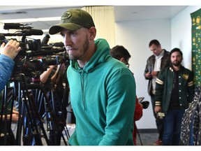 Eskimos head coach Jason Maas leaving after speaking to the media at the seasons end news conference after losing in the Eastern Finals Sunday to Hamilton in Edmonton, November 18, 2019.