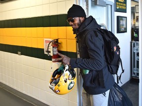 Eskimos wide receiver Kevin Elliott bags packed walking out of the dressing room after their season ended in the Eastern Finals Sunday losing to Hamilton in Edmonton, November 18, 2019.
