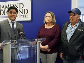 Basil Bansal (Lawyer, Diamond & Diamond Lawyers), Brenda Hunter (wife of Tony Hunter) and Tony Hunter (Plaintiff) announce in Edmonton on Wednesday November 20, 2019 that a $500 million class action lawsuit has been launched against the makers of Roundup herbicide.
