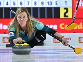 Skip Chelsea Carey throwing her rock during 2019 Home Hardware Canada Cup at the Leduc Recreation Centre, November 27, 2019.