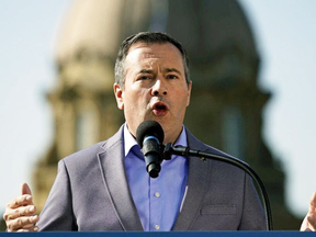 Premier Jason Kenney outside the Alberta Legislature in Edmonton.