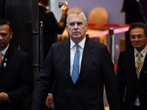 Britain's Prince Andrew, Duke of York, arrives for the ASEAN Business and Investment Summit in Bangkok on Nov. 3, 2019. In an interview with the BBC that aired Nov. 16, Andrew denied sleeping with Virginia Roberts, one of Jeffrey Epstein’s alleged teenaged sex slaves.