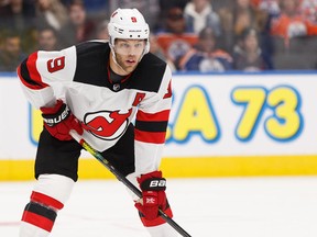 Taylor Hall in action for the New Jersey Devils against the host Edmonton Oilers on Nov. 8, 2019.