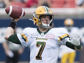 Edmonton Eskimos quarterback Trevor Harris set a CFL playoff record with 22 straight completions for 252 yards in a 37-29 victory against the Montreal Alouettes on Sunday, Nov. 10, 2019.