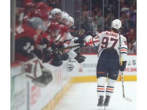 Edmonton Oilers center Connor McDavid celebrates his game-winning goal during overtime shootout against the Arizona Coyotes at Gila River Arena on Sunday, Nov. 24, 2019.