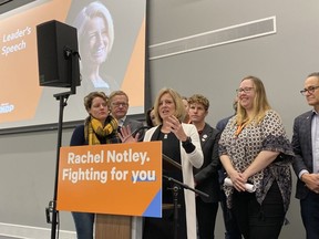 NDP leader Rachel Notley, flanked by NDP caucus members, addresses the party's provincial council in in Edmonton on Saturday, November 16, 2019. Photo Moira Wyton/Postmedia