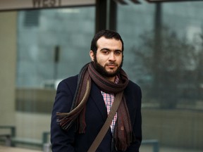 Omar Khadr leaves Court of Queen's Bench in Edmonton, on Monday, March 25, 2019 after a judge declared his sentence expired.