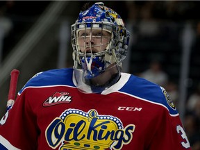 Goaltender Todd Scott made 13 saves in the win against the Calgary Hitmen Saturday at Rogers Place.