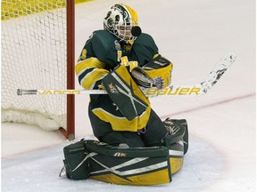 University of Alberta Pandas' goalie Kirsten Chamberlin (29) makes a save against the Saskatchewan Huskies during Game 2 of their semifinal series, in Edmonton on Feb. 23, 2019. The Pandas host the University of Manitoba Bisons on Friday and Saturday at Clare Drake Arena.