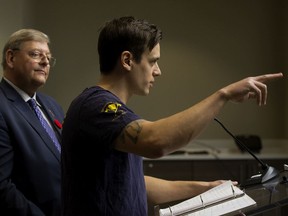 (left to right) NDP critic for Agriculture and Forestry Lorne Dach and Rappel Sub Leader Logan Mahoney call on the provincial government to reverse cuts to the Wildland Firefighter Rappel Program (RAP) during a press conference, in Edmonton Thursday Nov. 7, 2019.