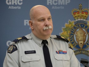 RCMP Staff Sgt. Gary Hollender at a news conference in the Strathcona County RCMP detachment on Friday, Nov. 29, 2019, following an arrest in relation to the Sept. 16, 2019, CrossIron Mills mall shooting.