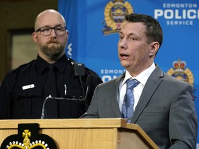Detective Philip Hawkings (right, Edmonton Police Service) and Constable Brian Rutherford (left, Edmonton Police Service) announced Thursday November 28, 2019 that charges have been laid in an international investigation into school "swatting" incidents. Charges have been laid against three youths in Scotland and charges are pending against another youth in England after a series of shooting and bomb threats were made to schools in five countries earlier this year, including schools in Edmonton.