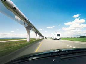 An artist's conception of the 1,000-km/h hyperloop duorail link between Calgary and Edmonton by TransPod on Highway2 in Alberta.