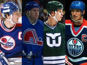 The four WHA franchises that joined the NHL in 1979: the Winnipeg Jets, the Quebec Nordiques, the Hartford Whalers and the Edmonton Oilers.