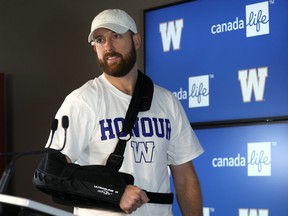 Winnipeg Blue Bombers quarterback Matt Nichols speaks with media about surgery on his throwing shoulder which will keep him out for the reason of the season, at IG Field in Winnipeg on Tues., Oct. 1, 2019. Kevin King/Winnipeg Sun/Postmedia Network