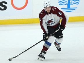 Colorado Avalanche defenceman Cale Makar snaps off a pass while facing the Winnipeg Jets in Winnipeg on Nov. 12, 2019.
