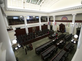 Participants in the TUXIS Youth Parliament debate mock legislation in the Alberta legislature chamber on Monday, Dec. 30, 2019.