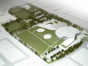 An early exterior rendering of the Lewis Farms Recreation Centre.