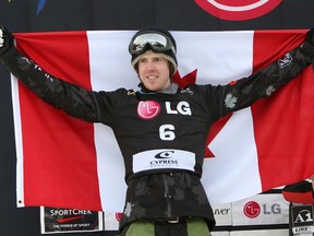 VANCOUVER, CANADA - FEBRUARY 13: Mike Robertson of Canada celebrates after the finals for the FIS Snowboard-Cross World Cup on February 13, 2009 at Cypress Mountain in West Vancouver, British Columbia, Canada. Robertson finished in second place.