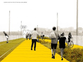 Rendering of the upper deck of the High Level Bridge, open to pedestrians and cyclists as part of the proposed 4.3-km High Level Line connecting Downtown to Strathcona. (Supplied)