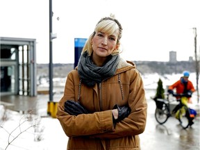 Sarah Hoyles (Executive Director, Paths For People) at the entrance to the Edmonton Funiular, which has been a major problem spot for cyclists since it opened. A new community initiative has been launched asking residents to submit "missing links" in bike and sidewalk infrastructure.