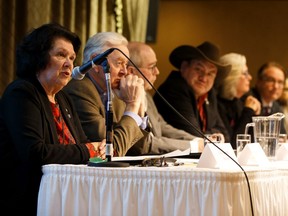 Panel chair Oryssia Lennie (left) speaks during a town hall meeting of the government of Alberta's Fair Deal Panel at St. Michael's Heritage Hall in Edmonton, on Tuesday, Dec. 3, 2019. Photo by Ian Kucerak/Postmedia
