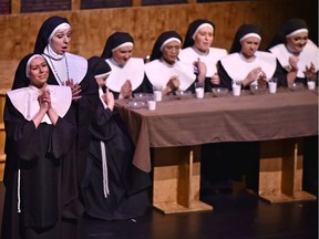 Megan Durand (L) plays Deloris Van Cartier and Sarah Johnson plays Mother Superior in Bellerose High School production of Sister Act at the Timms Centre University of Alberta, Dec 13, 2019.