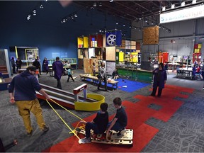There is an all new, re-imagined gallery in the Science Garage at the Telus World of Science on Friday, Dec. 20, 2019, where one can design, build and test ideas, featuring a super high drop-zone, horizontal wind turbine station, more tools, material and equipment.
