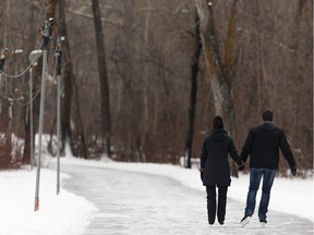 Skaters hold hands on the Victoria Park Iceway on a warm winter day in Edmonton, on Friday, Dec. 20, 2019. Ice conditions were rated as good.