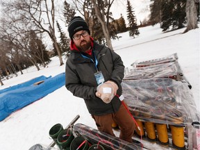 Robbie MacKeen with Fireworks Spectaculars Canada shows a five inch shell during a press conference about Edmonton's New Years' fireworks show at the Alberta Legislature in Edmonton, on Tuesday, Dec. 31, 2019. Photo by Ian Kucerak/Postmedia