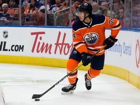 Edmonton Oilers defenceman Ethan Bear during NHL action on Oct. 16, 2019, against the Philadelphia Flyers at Rogers Place.