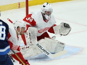 Detroit Red Wings goaltender Eric Comrie makes a save against his former team, the Jets, on Tuesday at Bell MTS Place. KEVIN KING/WINNIPEG SUN