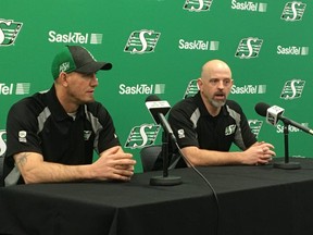 New Roughriders offensive co-ordinator Jason Maas with head coach Craig Dickenson on Friday, Dec. 6., 2019.