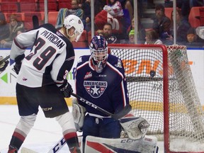 Evan Patrician can't find the net for the Vancouver Giants against the Tri-City Americans and goalie Talyn Boyko on Saturday in Kennewick, Wash. Ti-City won 5-1.