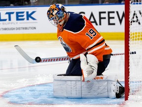 Edmonton Oilers goalie Mikko Koskinen makes a save against the Philadelphia Flyers during NHL action on Oct. 16, 2019, at Rogers Place.