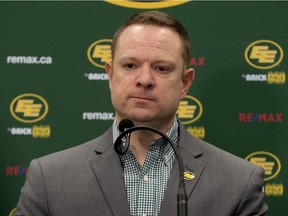 Edmonton Eskimos' General Manager and Vice President of Football Operations Brock Sunderland speaks to the media during a press conference after the team fired Jason Maas as head coach, in Edmonton Wednesday Nov. 27, 2019. Photo by David Bloom