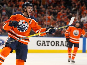 Edmonton Oilers star Connor McDavid celebrates a goal during NHL action on Nov. 14, 2019, against the visiting Colorado Avalanche at Rogers Place.