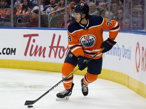 The Edmonton Oilers' Ethan Bear (74) during first period NHL action against the Philadelphia Flyers at Rogers Place, in Edmonton Wednesday Oct. 16, 2019.