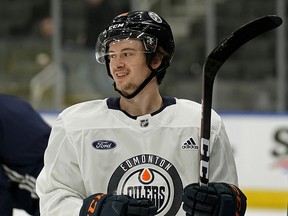 Edmonton Oilers player Kailer Yamamoto at team practice in Edmonton on Monday Dec. 30, 2019. The winger has been called up from the farm team.