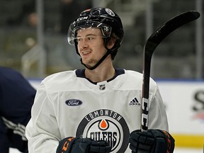 Edmonton Oilers Kailer Yamamoto at team practice in Edmonton on Monday, Dec. 30, 2019. The winger has been called up from the farm team.