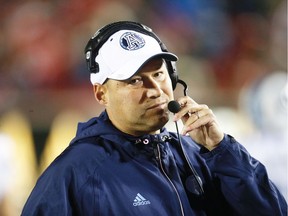 Scott Milanovich head coach of the Toronto Argonauts on the sidelines during a game against Calgary Stampeders in CFL football in Calgary, Alta., on Friday, October 21, 2016.