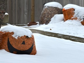 Wrong time of the season for the Halloween garage bags on the front lawn of a northend home in Edmonton, December 19, 2019. Ed Kaiser/Postmedia