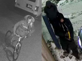 Suspects wanted in connection to catalytic converter thefts in parking lots near 38 Avenue and 99 Street (left) and 122 Avenue and 67 Street (right). Image supplied by Edmonton Police Service