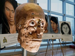 A facial reconstruction at RCMP K Division headquarters in Edmonton on Wednesday December 11, 2019, where the Alberta RCMP’s Missing Persons and Unidentified Human Remains Unit announced that they were seeking the public’s assistance in identifying three individuals whose remains have been discovered in Alberta over the past 40 years. (PHOTO BY LARRY WONG/POSTMEDIA)