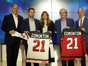 Kevin Lowe, alternate governor of the Edmonton Oilers Hockey Club, Riley Wiwchar, executive director of the 2021 IIHF World Junior Championship, Grace O'Flynn and Terry O'Flynn, co-chairpersons of the 2021 IIHF World Junior Championship, and Dean McIntosh, vice-president of events and properties at Hockey Canada, announced on Tuesday the launch of a priority ticket draw for the 2021 World Junior hockey championship to be held in Edmonton and Red Deer from Dec. 26 to Jan. 5, 2021.