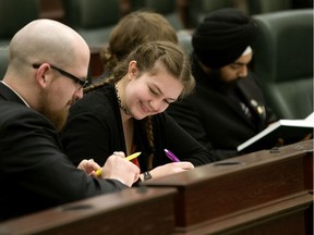 Participants in the TUXIS Youth Parliament debate mock legislation in the Alberta legislature chamber on Monday, Dec. 30, 2019. Monday was the youth parliament's 100th session.