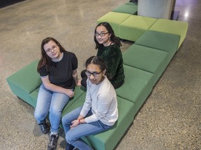 Ruth Hopkinson, left, Elaine Tran, and Reese Kurian are youth who are part of Roots4Change, supported by the John Humphrey Centre for Human Rights.